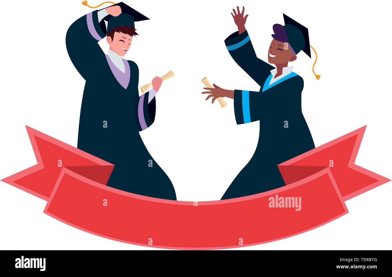 happy students boys graduated celebrating with ribbon vector ...