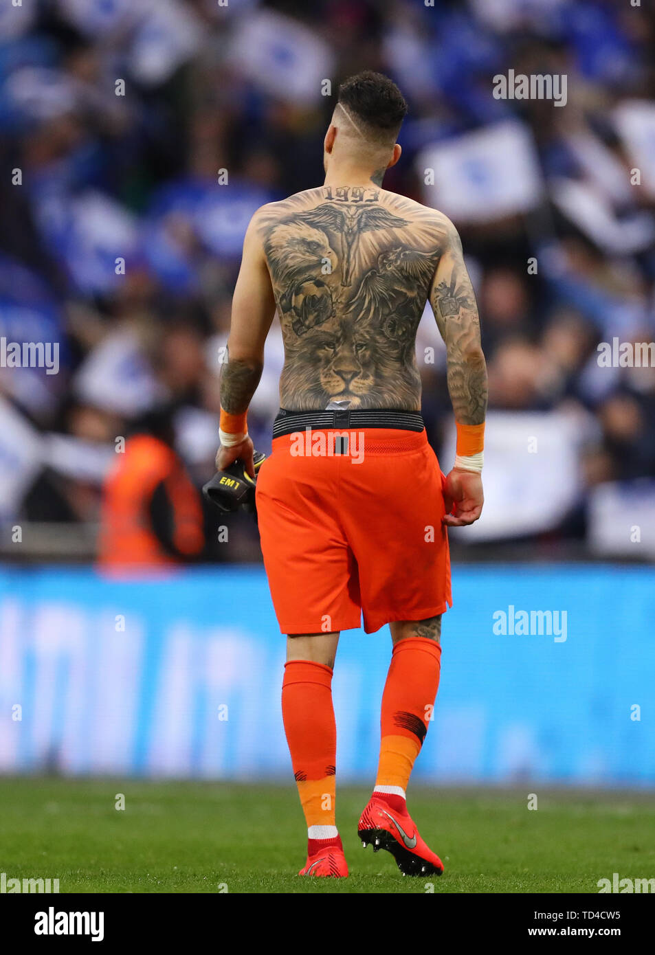 Milton Keynes, UK. 20th Nov 2018. The smiley face tattoo on the neck of  Goalkeeper Ederson (Manchester City) of Brazil during the International  match between Brazil and Cameroon at stadium:mk, Milton Keynes,