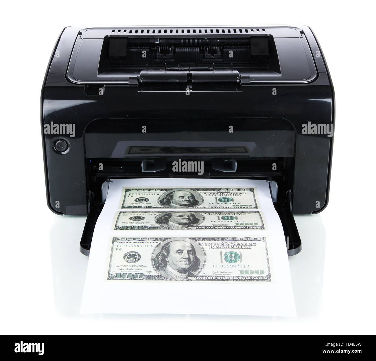 Printer printing fake dollar bills isolated on white Stock Photo - Alamy