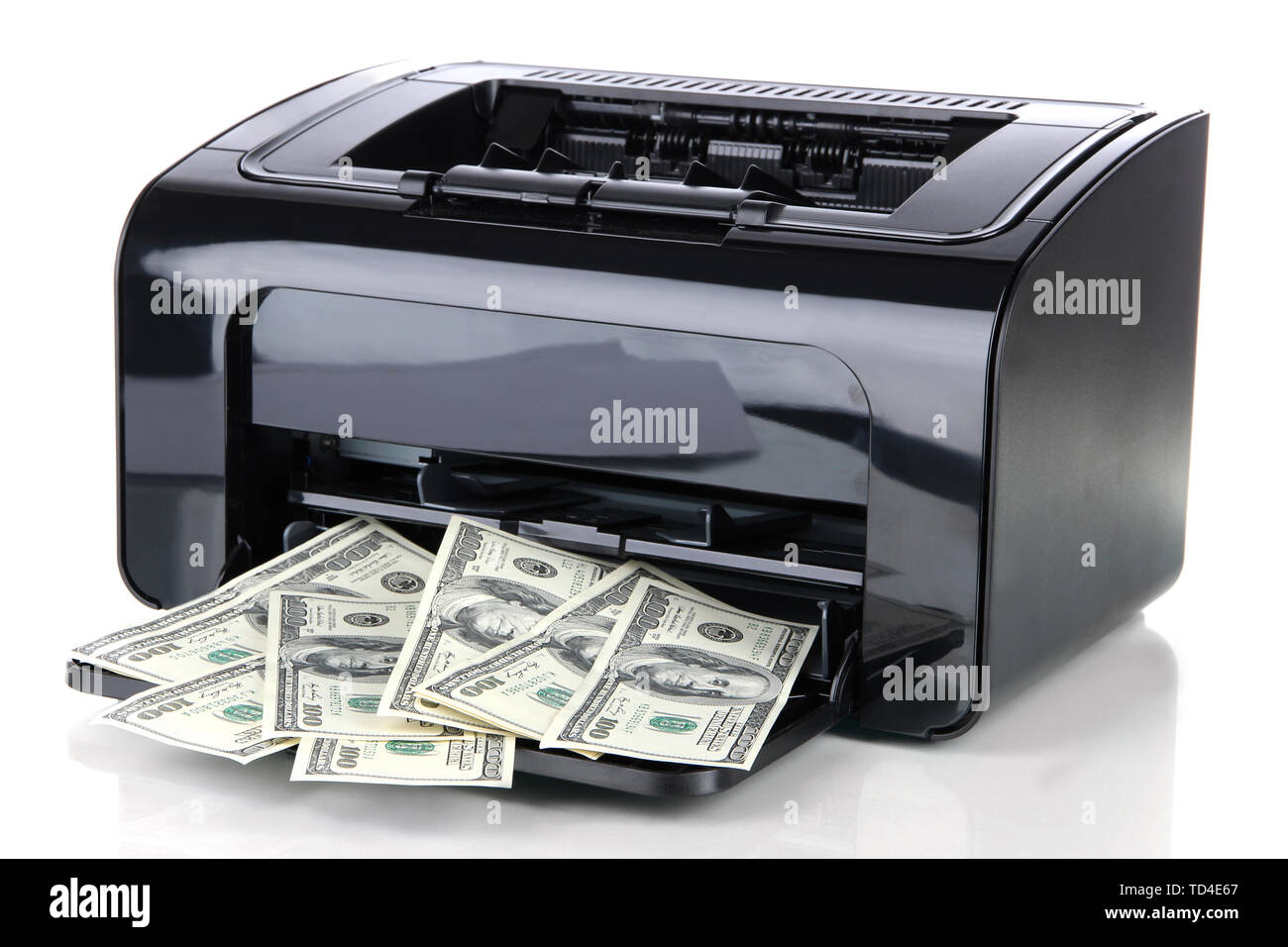 Printer printing fake dollar bills isolated on white Stock Photo - Alamy