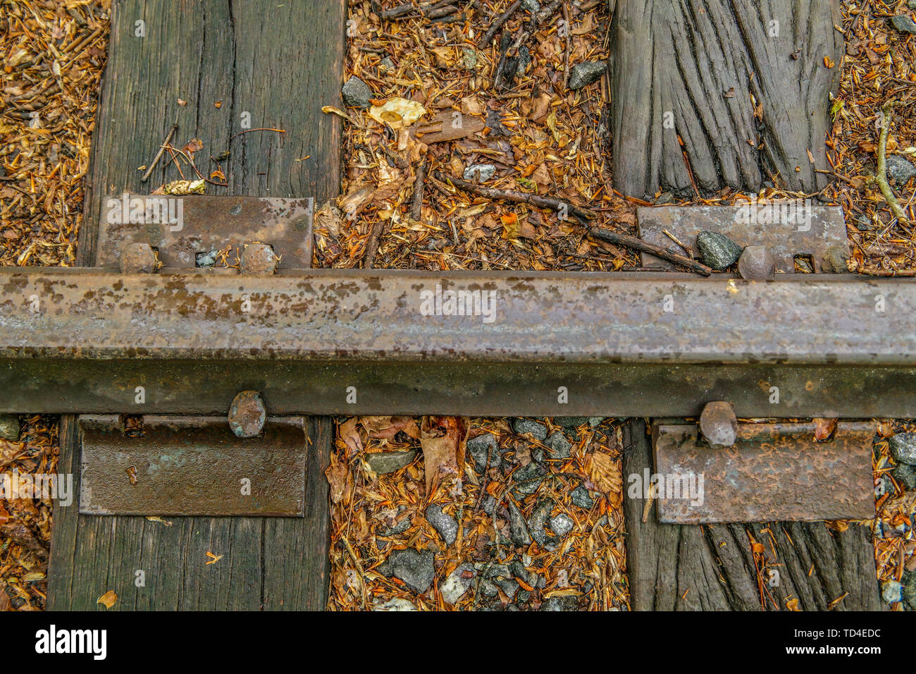 Exempt railroad tracks on ties held down by spikes that are weathering