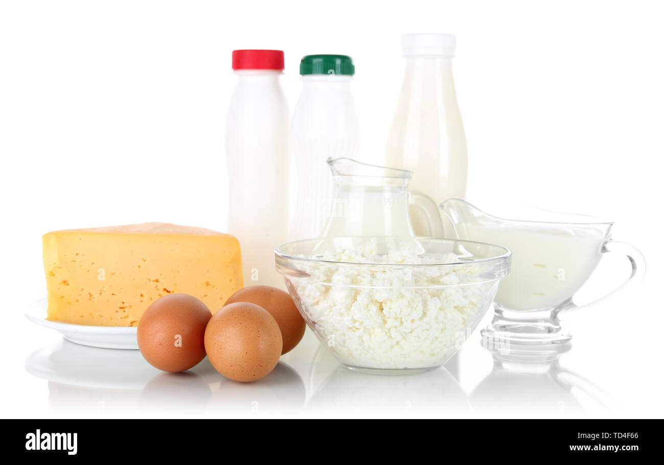 Dairy products and eggs isolated on white Stock Photo Alamy