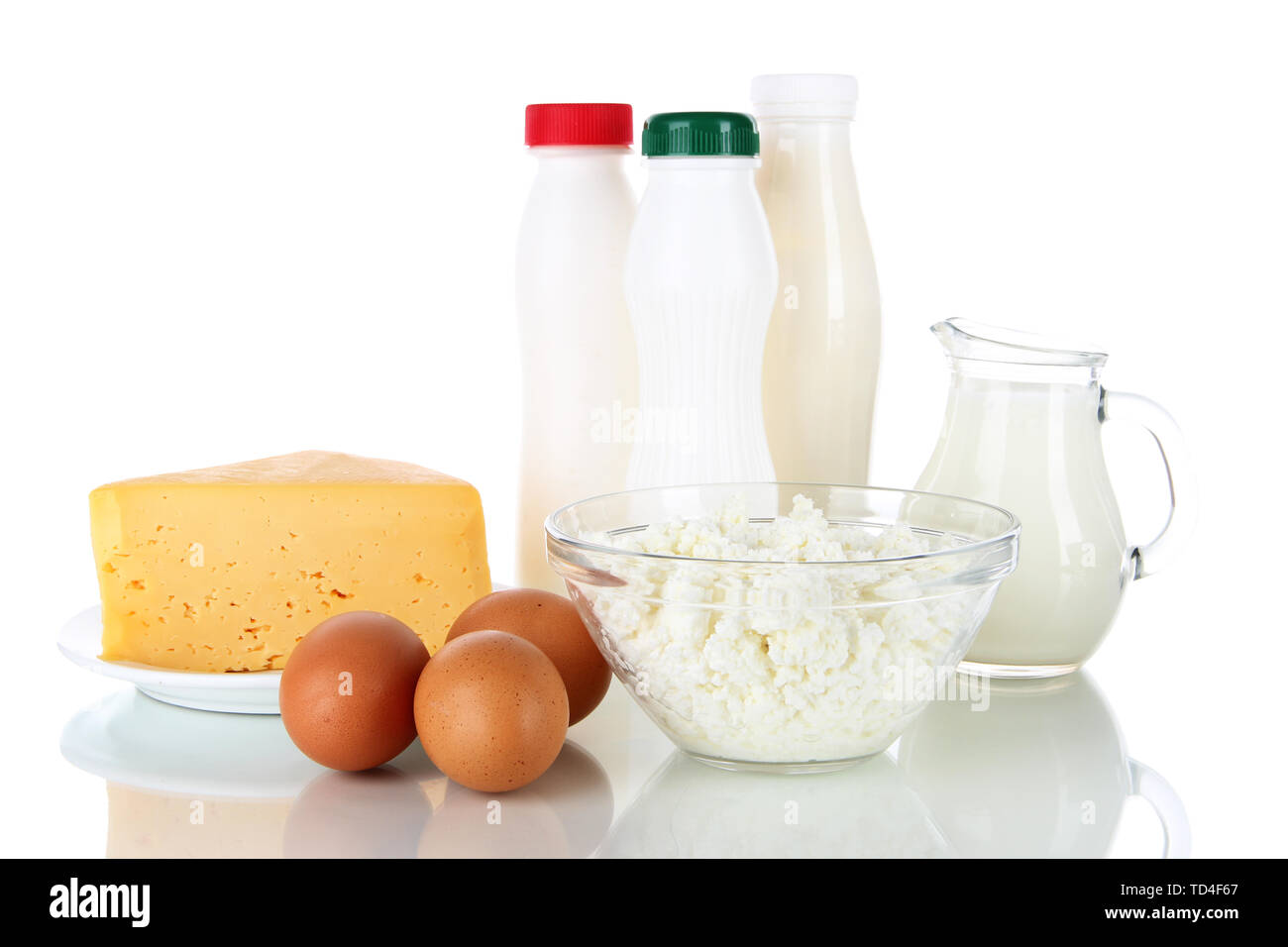 Dairy products and eggs isolated on white Stock Photo Alamy