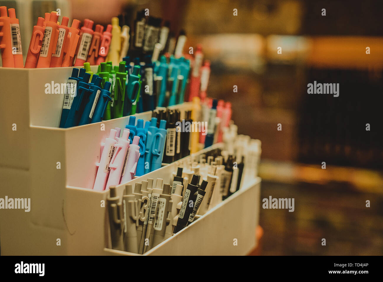 Colorful ballpoint pen, a box. Stock Photo