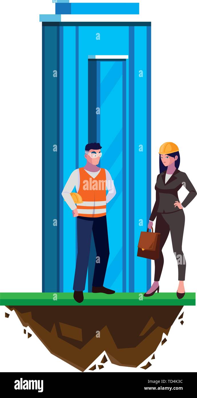 male builder constructor with woman engineer and building vector ...