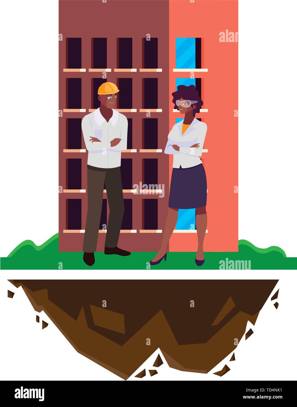 male builder constructor with afro woman engineer and building vector ...