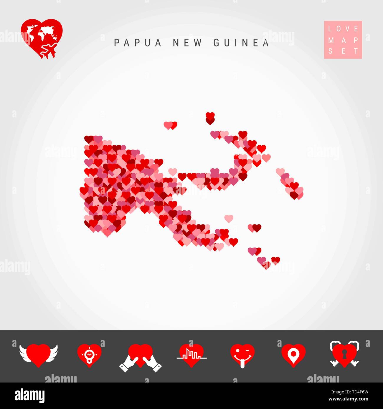 I Love Papua New Guinea. Red and Pink Hearts Pattern Vector Map of