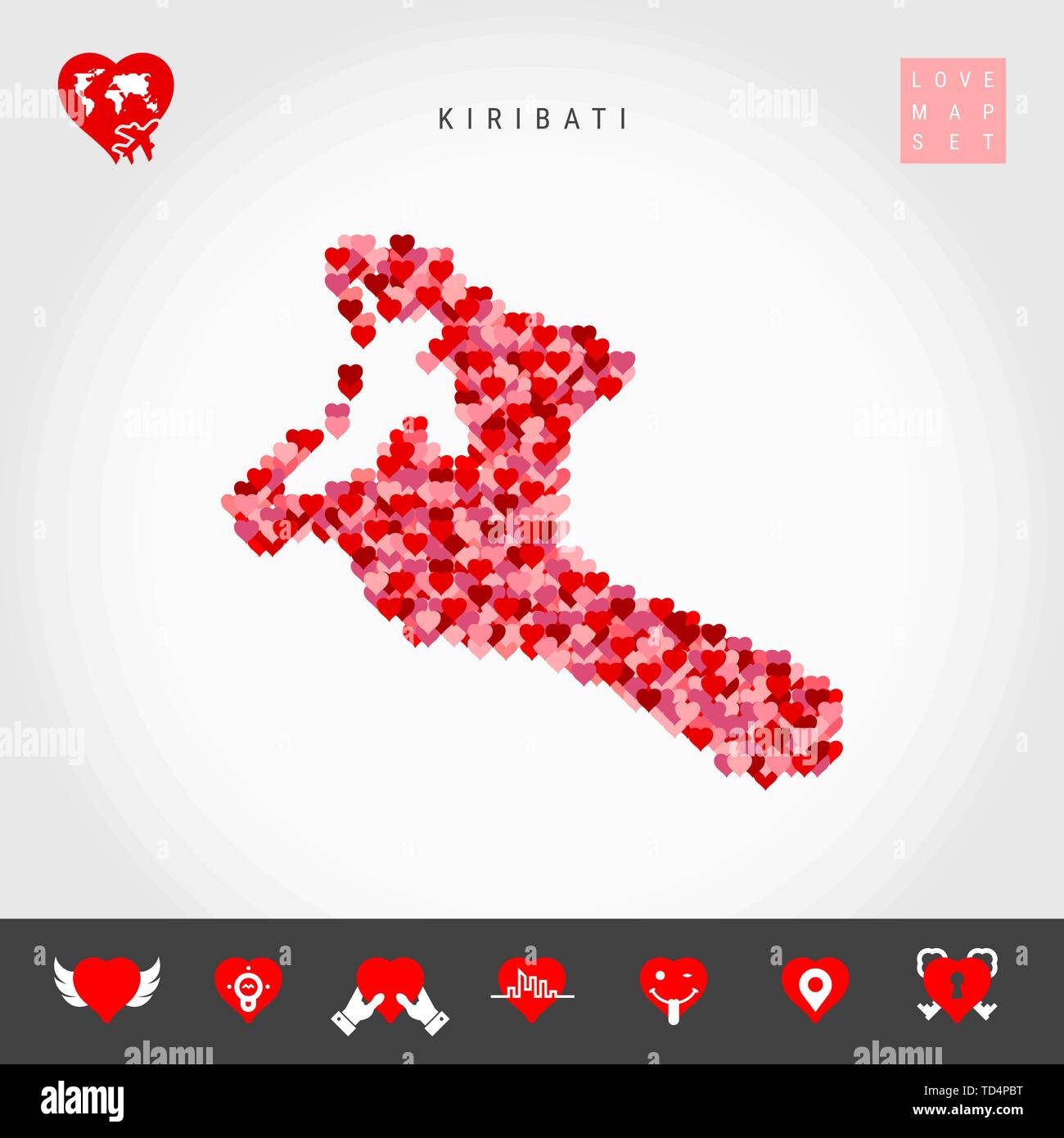 I Love Kiribati. Red and Pink Hearts Pattern Vector Map of Kiribati Isolated on Grey Background. Love Icon Set. Stock Vector
