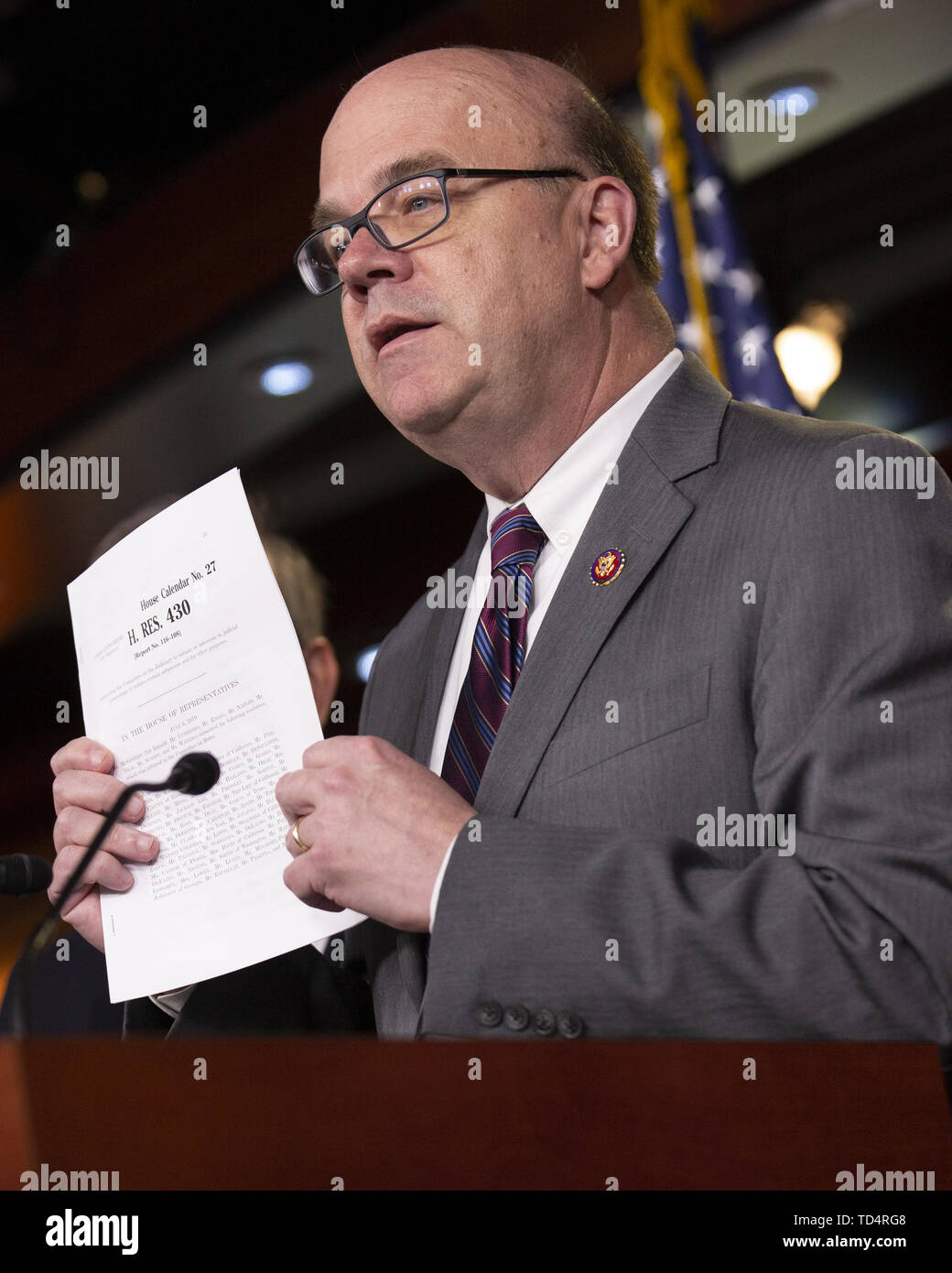 Washington, District of Columbia, USA. 11th June, 2019. Rules Committee Chairman Jim McGovern (Democrat of Massachussetts) attends a press conference on Capitol Hill in Washington, DC, U.S. on June 11, 2019. The press conference followed a House vote, where lawmakers passed a bill which allows the House Judiciary Committee to call on Federal judges to enforce Congressional subpoenas. Credit: Stefani Reynolds/CNP/ZUMA Wire/Alamy Live News Stock Photo