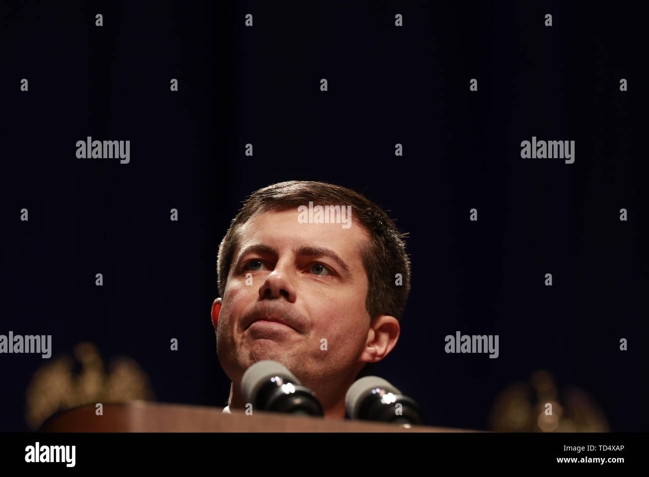 Bloomington, United States. 11th June, 2019. South Bend Mayor Pete Buttigieg, who is running for the Democratic nomination for President of the United States speaks on foreign policy and security during an hour long speech at the Indiana University Auditorium in Bloomington. Credit: SOPA Images Limited/Alamy Live News Stock Photo
