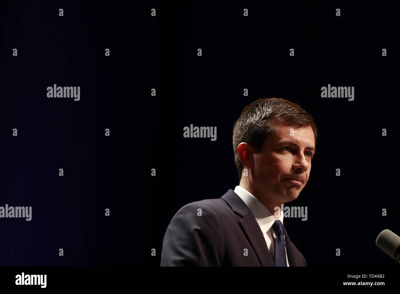 Bloomington, United States. 11th June, 2019. South Bend Mayor Pete Buttigieg, who is running for the Democratic nomination for President of the United States speaks on foreign policy and security during an hour long speech at the Indiana University Auditorium in Bloomington. Credit: SOPA Images Limited/Alamy Live News Stock Photo