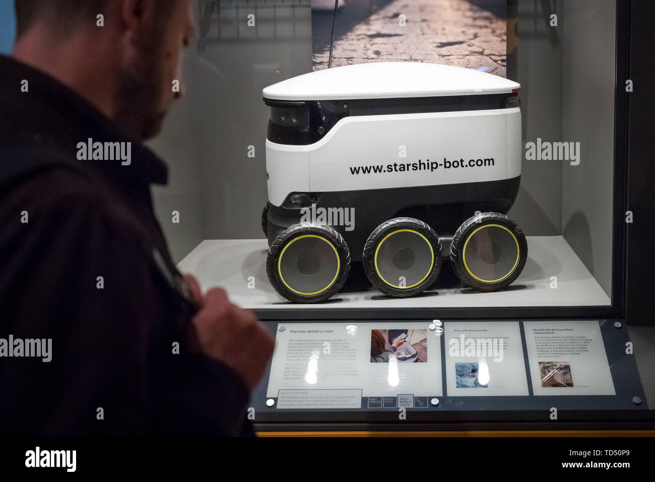 London, UK. 12th June 2019. Driverless technology 'Who is in control?' exhibition is launched the Science Museum. Pictured: Starship Delivery Robot – currently in use and aiming to revolutionise food and package deliveries. Exploring the history of self-driving vehicles, the exhibition also examines how much control we're willing to transfer to them and how their wider deployment could shape out habits, behaviour and society. Credit: Guy Corbishley/Alamy Live News Stock Photo