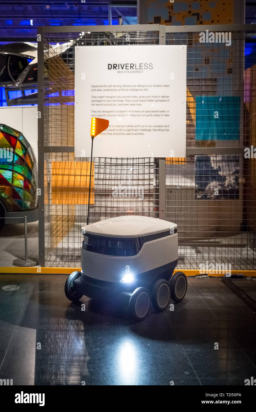 London, UK. 12th June 2019. Driverless technology 'Who is in control?' exhibition is launched the Science Museum. Pictured: Starship Delivery Robot – currently in use and aiming to revolutionise food and package deliveries. Exploring the history of self-driving vehicles, the exhibition also examines how much control we're willing to transfer to them and how their wider deployment could shape out habits, behaviour and society. Credit: Guy Corbishley/Alamy Live News Stock Photo