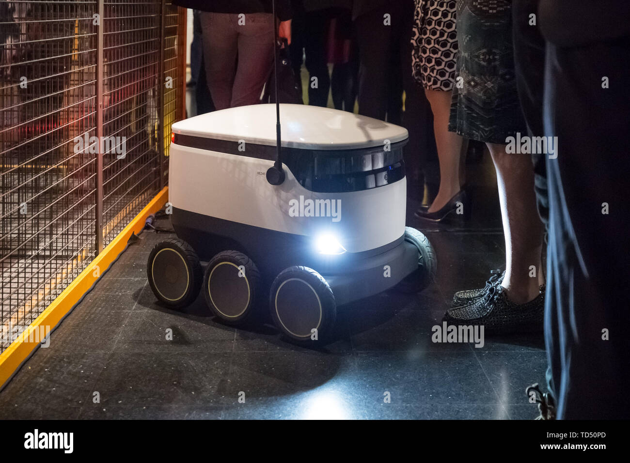 London, UK. 12th June 2019. Driverless technology 'Who is in control?' exhibition is launched the Science Museum. Pictured: Starship Delivery Robot – currently in use and aiming to revolutionise food and package deliveries. Exploring the history of self-driving vehicles, the exhibition also examines how much control we're willing to transfer to them and how their wider deployment could shape out habits, behaviour and society. Credit: Guy Corbishley/Alamy Live News Stock Photo