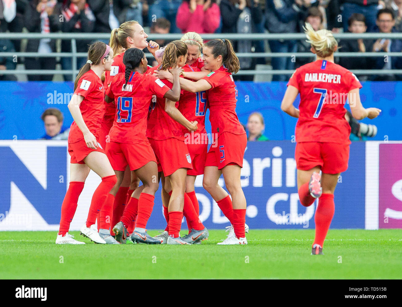 USA's Lindsey Horan (left) and USA's Rose Lavelle celebrate on the pitch  after winning the FIFA Women's World Cup 2019 Stock Photo - Alamy