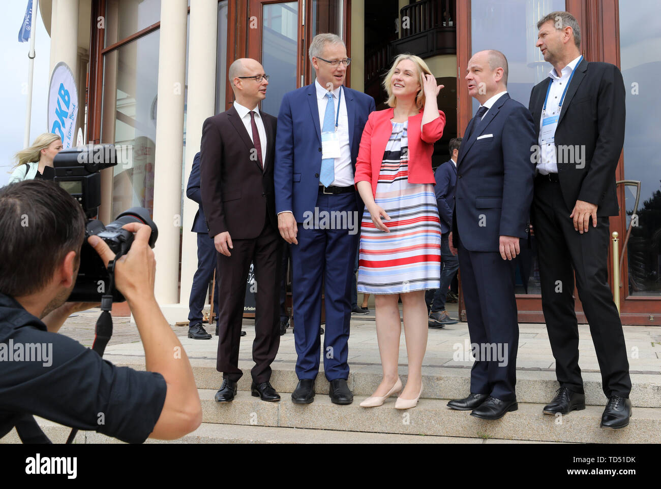 12 June 2019, Mecklenburg-Western Pomerania, Rostock: Lars Bauer (l-r),  Managing Director of BioCon Valley, Petter Ølberg, Ambassador of Norway in  Germany, Manuela Schwesig (SPD), Prime Minister of Mecklenburg-Vorpommern,  Marek Zygmunt, President of