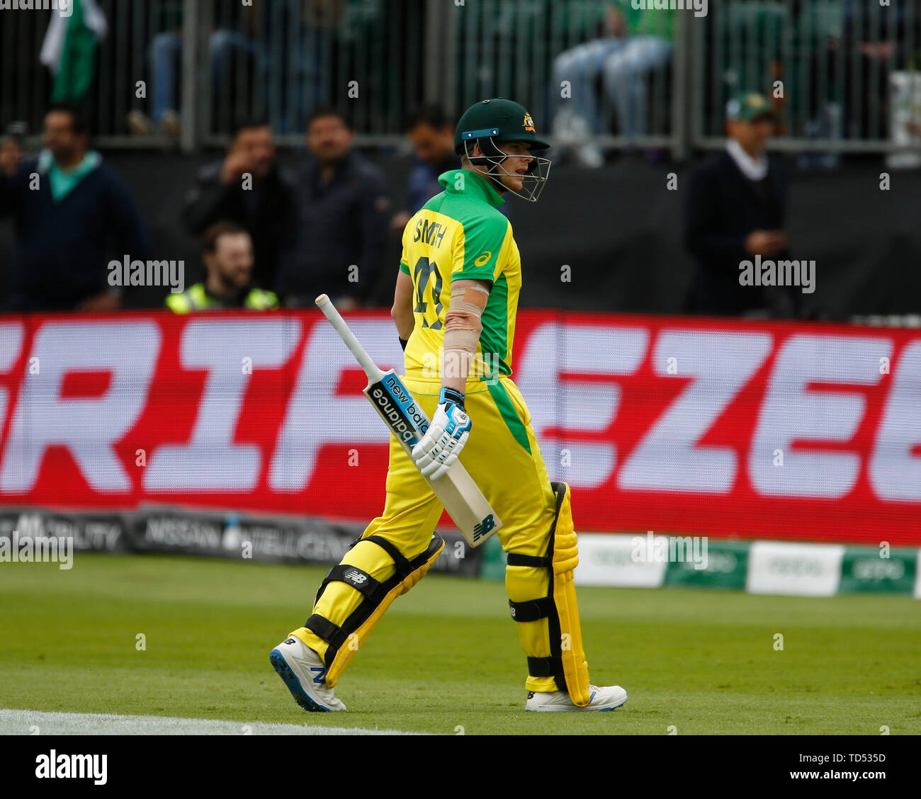 Taunton, UK. 12th June, 2019. World Cup cricket, Australia versus Pakistan; Steve Smith of Australia walks back to the pavilion dismissed off the bowling of Mohammad Hafeez for just 10 Credit: Action Plus Sports Images/Alamy Live News Stock Photo