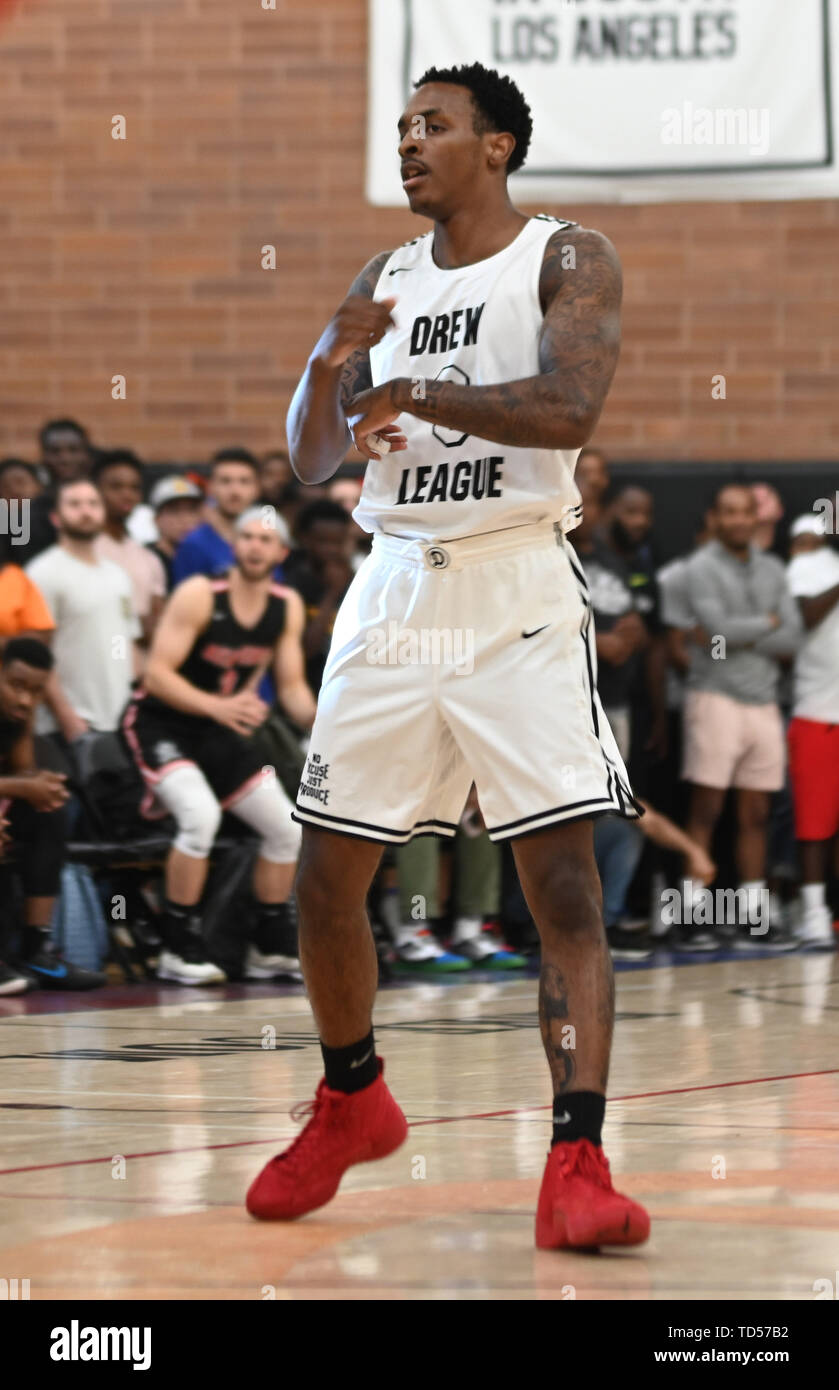 Los Angeles, United States. 08th June, 2019. No Shnacks guard Deshon Taylor  (3) completes a pass during a Drew League basketball game, Saturday, June  8, 2019, in Los Angeles. (Dylan Stewart/Image of