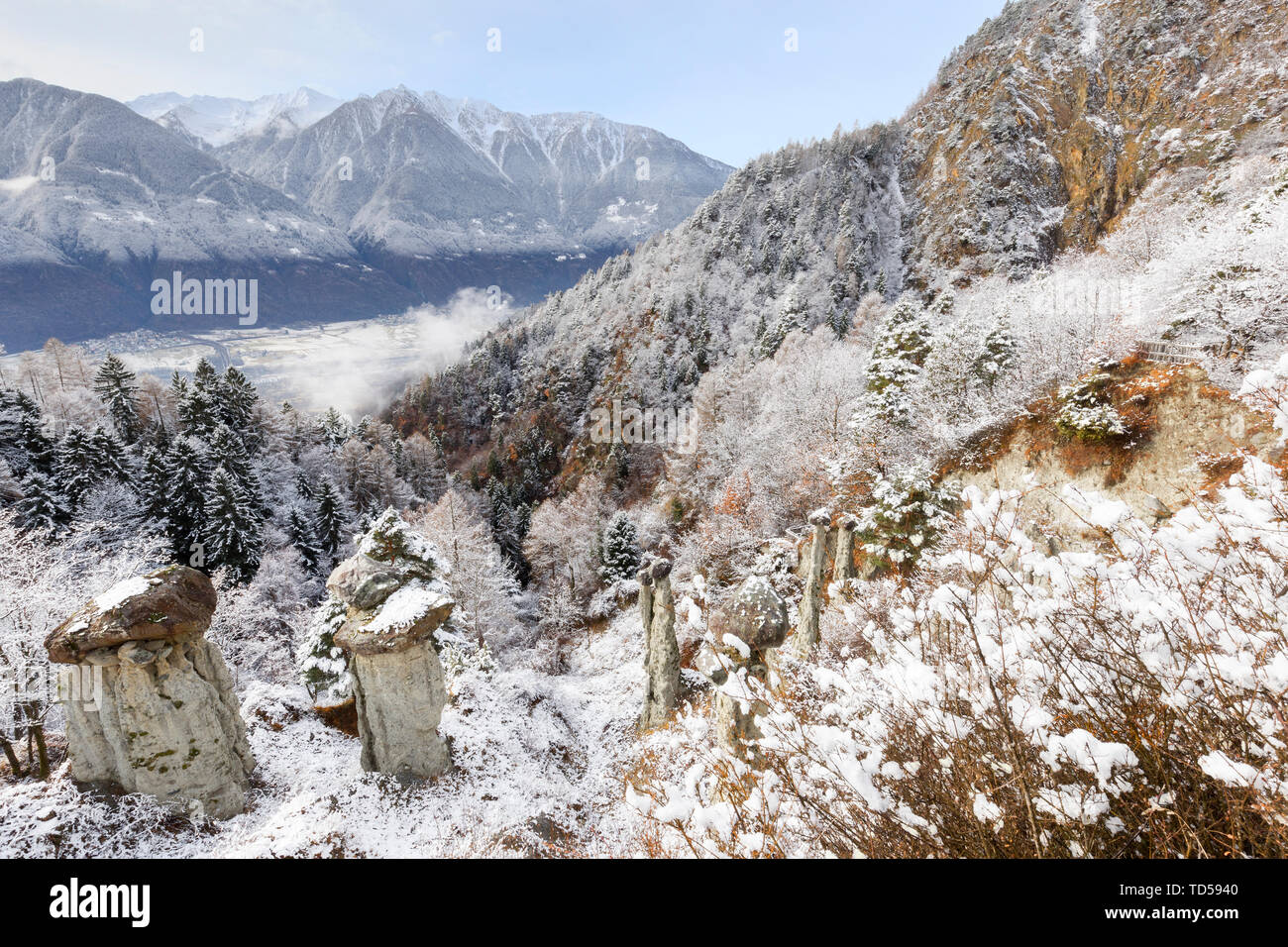 Hoodoos of Postalesio after a snowfall, Postalesio, Valtellina, Lombardy, Italy, Europe Stock Photo