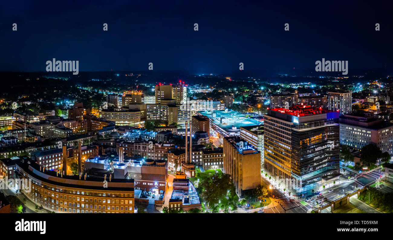 Aerial panorama of New Haven, Connecticut by night Stock Photo