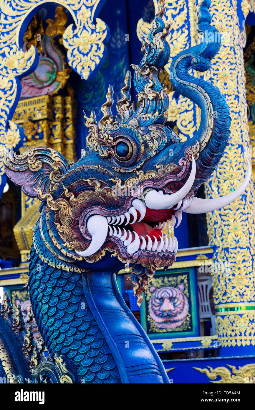 Naga head at Wat Rong Suea Ten (Blue Temple) in Chiang Rai, Thailand, Southeast Asia, Asia Stock Photo