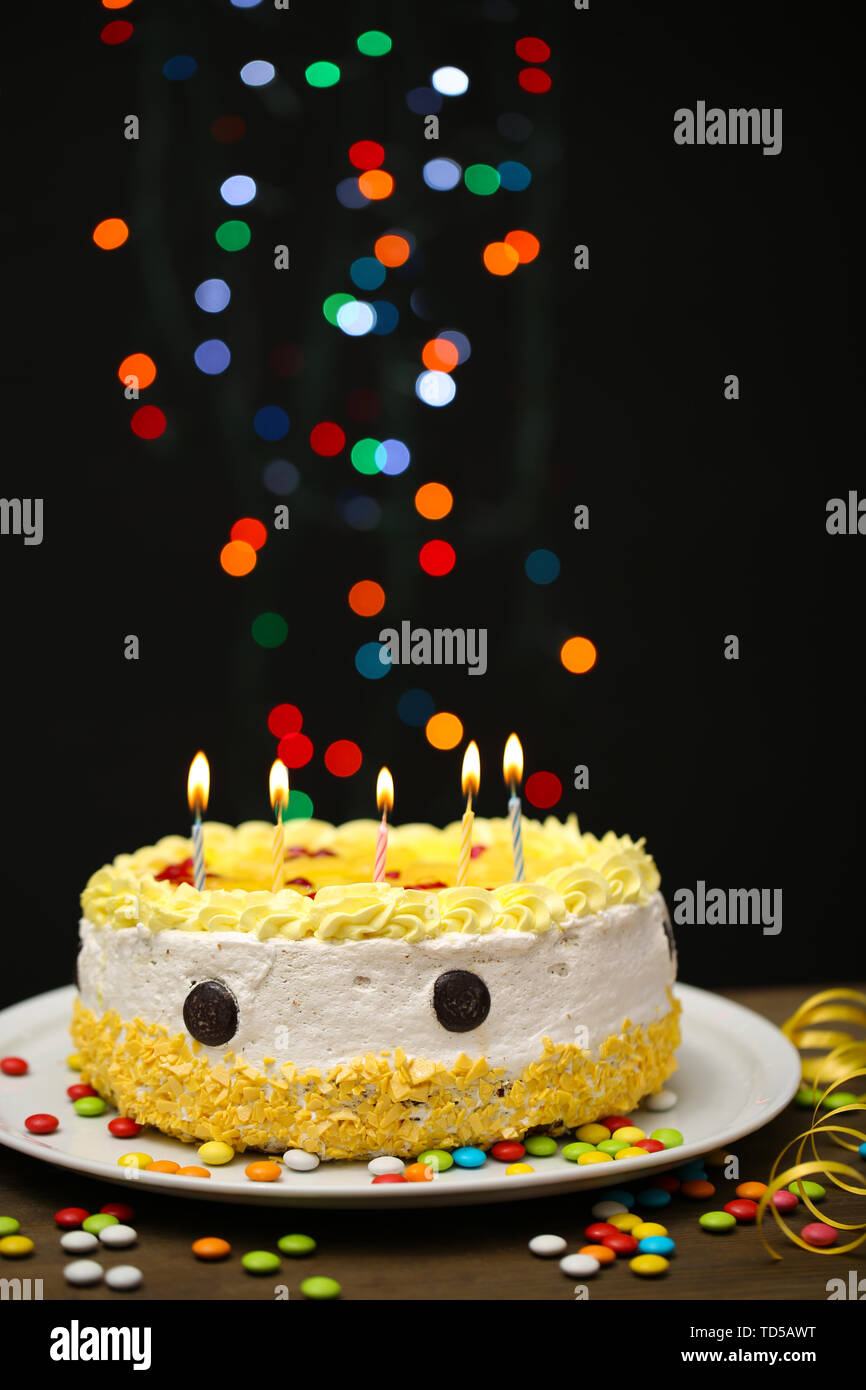 Happy birthday cake, on black background Stock Photo