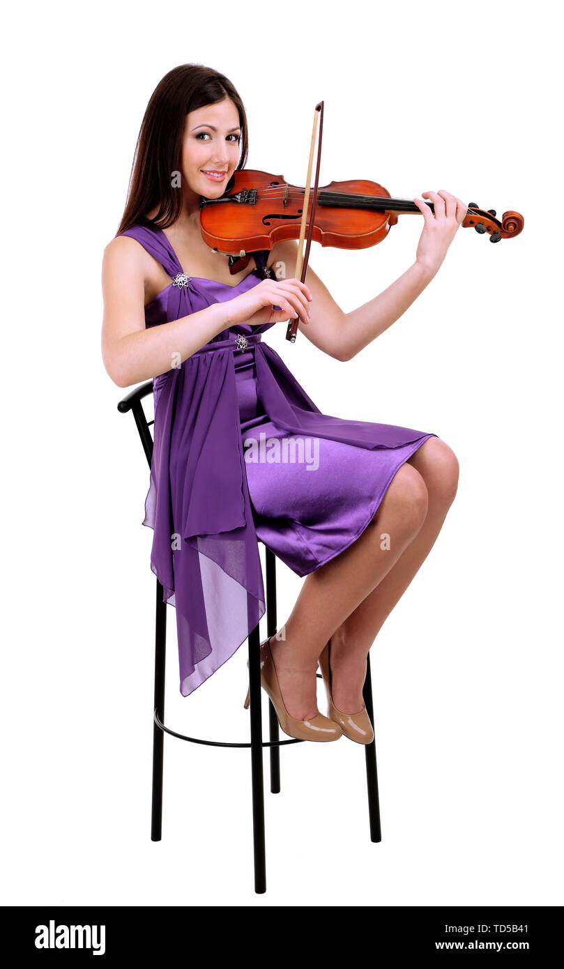Beautiful young girl with violin, isolated on white Stock Photo - Alamy