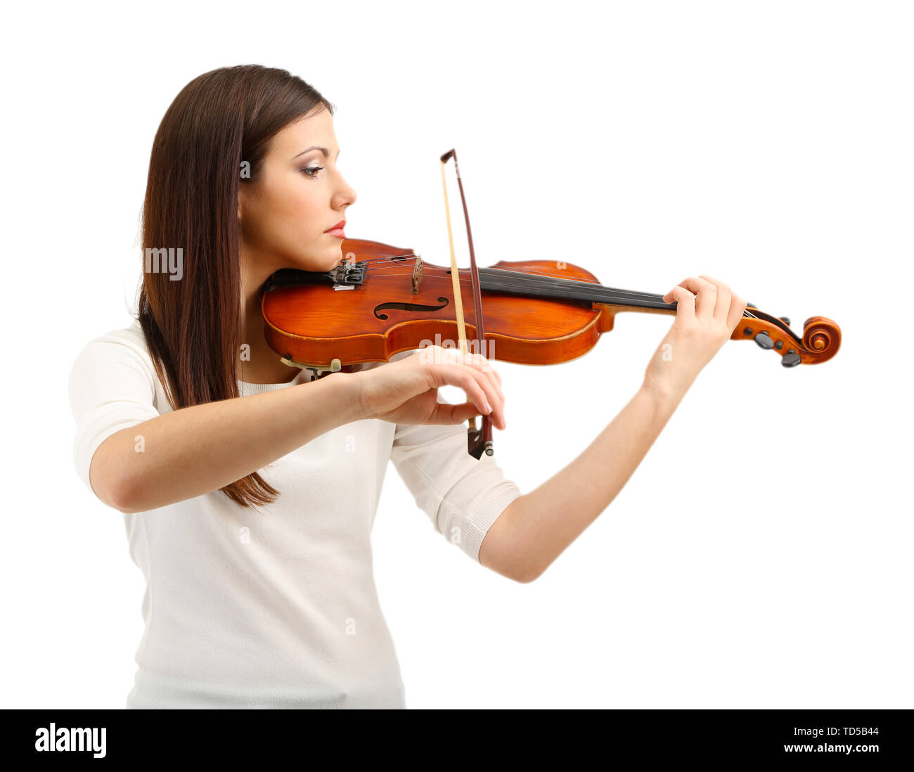 Beautiful young girl with violin, isolated on white Stock Photo - Alamy