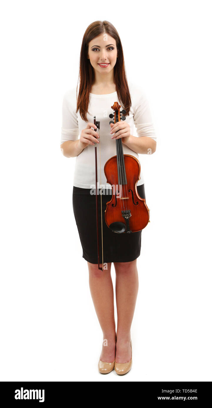 Beautiful young girl with violin, isolated on white Stock Photo - Alamy