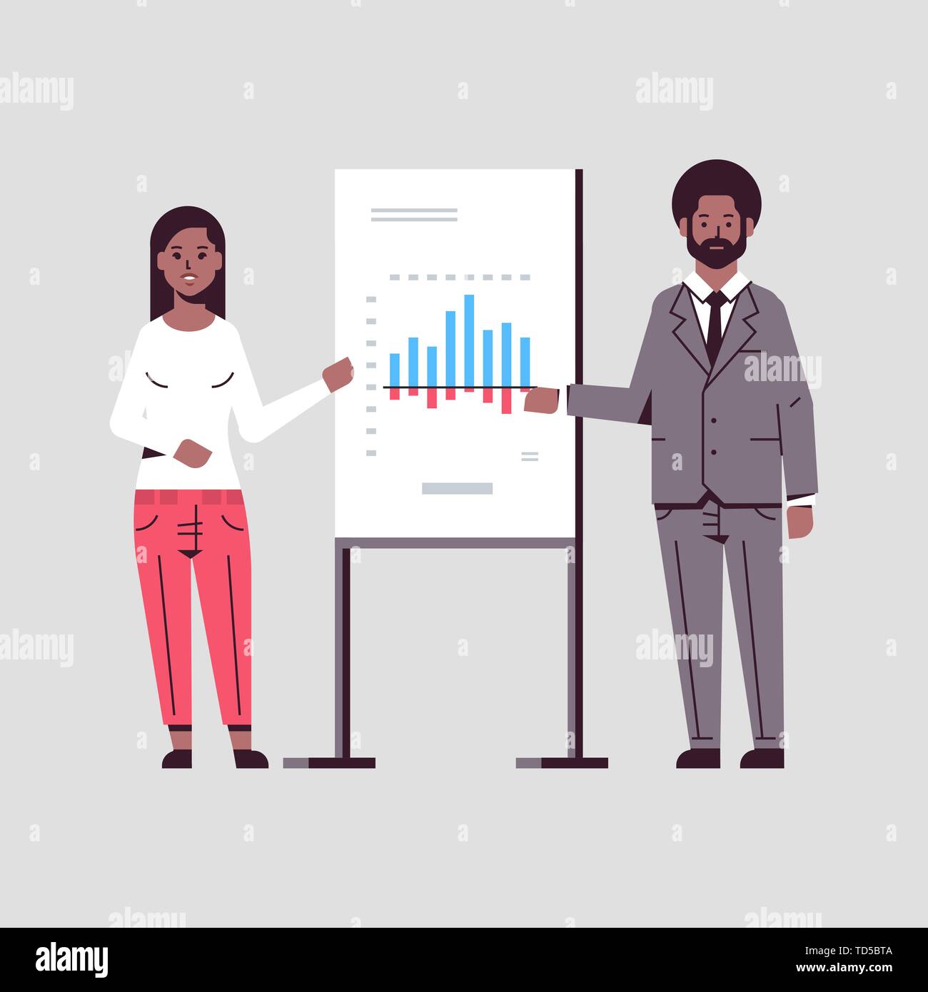 businesspeople coworkers presenting financial graph on flip chart african american business couple at seminar making presentation concept speakers on Stock Vector