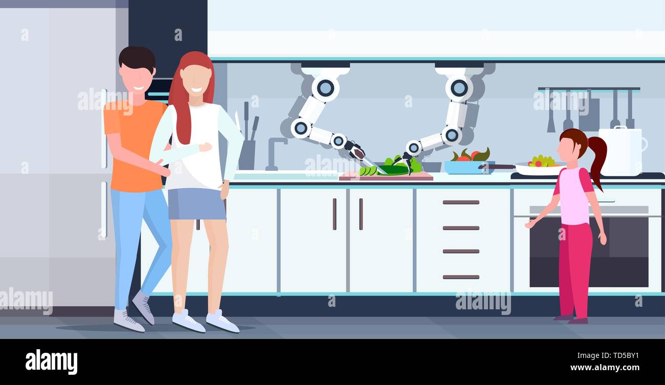 smart handy chef robot cutting cucumber on board robotic assistant innovation technology artificial intelligence concept happy family standing Stock Vector