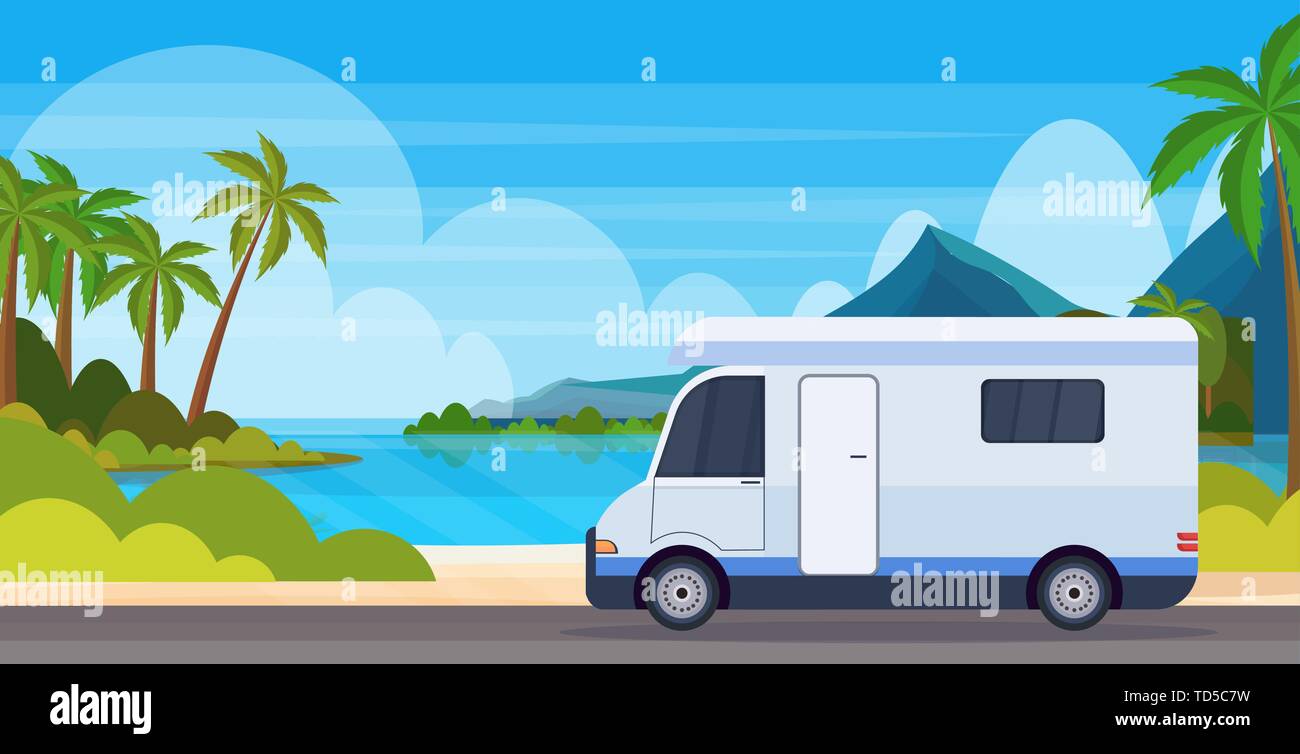 caravan car traveling on highway recreational travel vehicle camping summer vacation concept tropical island sea beach landscape background flat Stock Vector