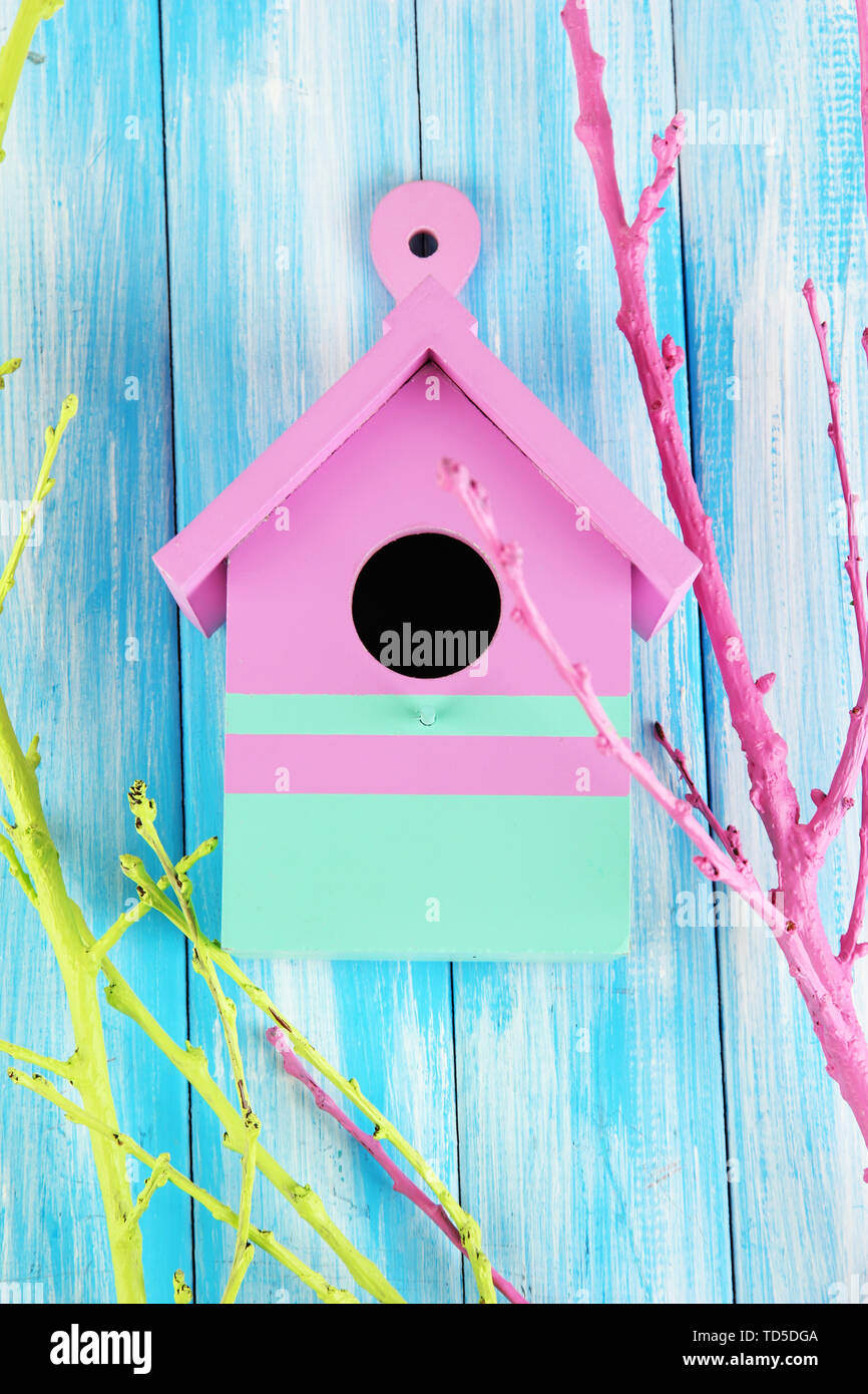 Decorative nesting box with color branches, on color wooden background ...