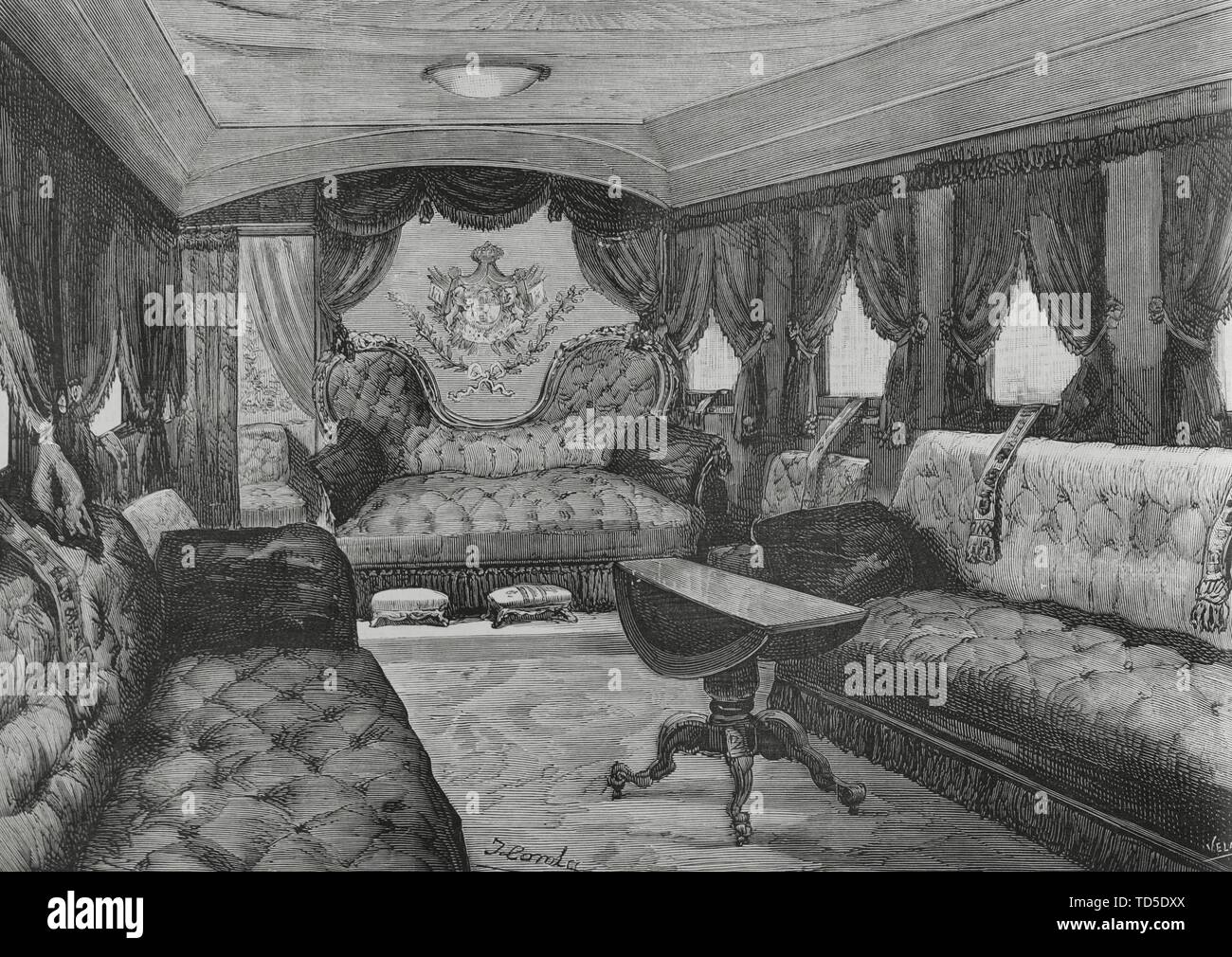 Viaje de SS. MM. los Reyes de España, Alfonso XII el 'Pacificador' (1857-1885) y María Cristina de Habsburgo-Lorena (1858-1929) a Andalucía. El tren real. Interior del coche-salón para recepciones. Dibujo por J. Comba. Grabado por Vela. La Ilustración Española y Americana, 28 de febrero de 1882. Stock Photo