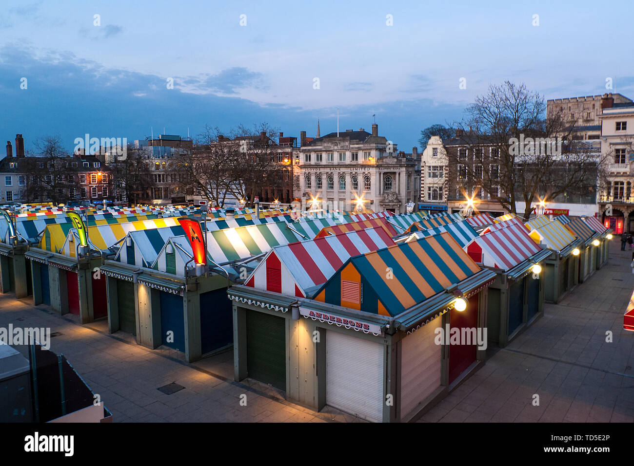 Looking out over the market towards the famous castle at dusk, Norwich, Norfolk, England, United Kingdom, Europe Stock Photo