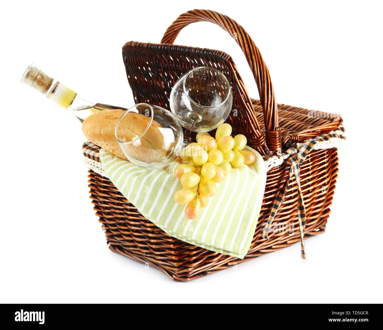 Picnic basket with grape and bottle of wine, isolated on white Stock ...