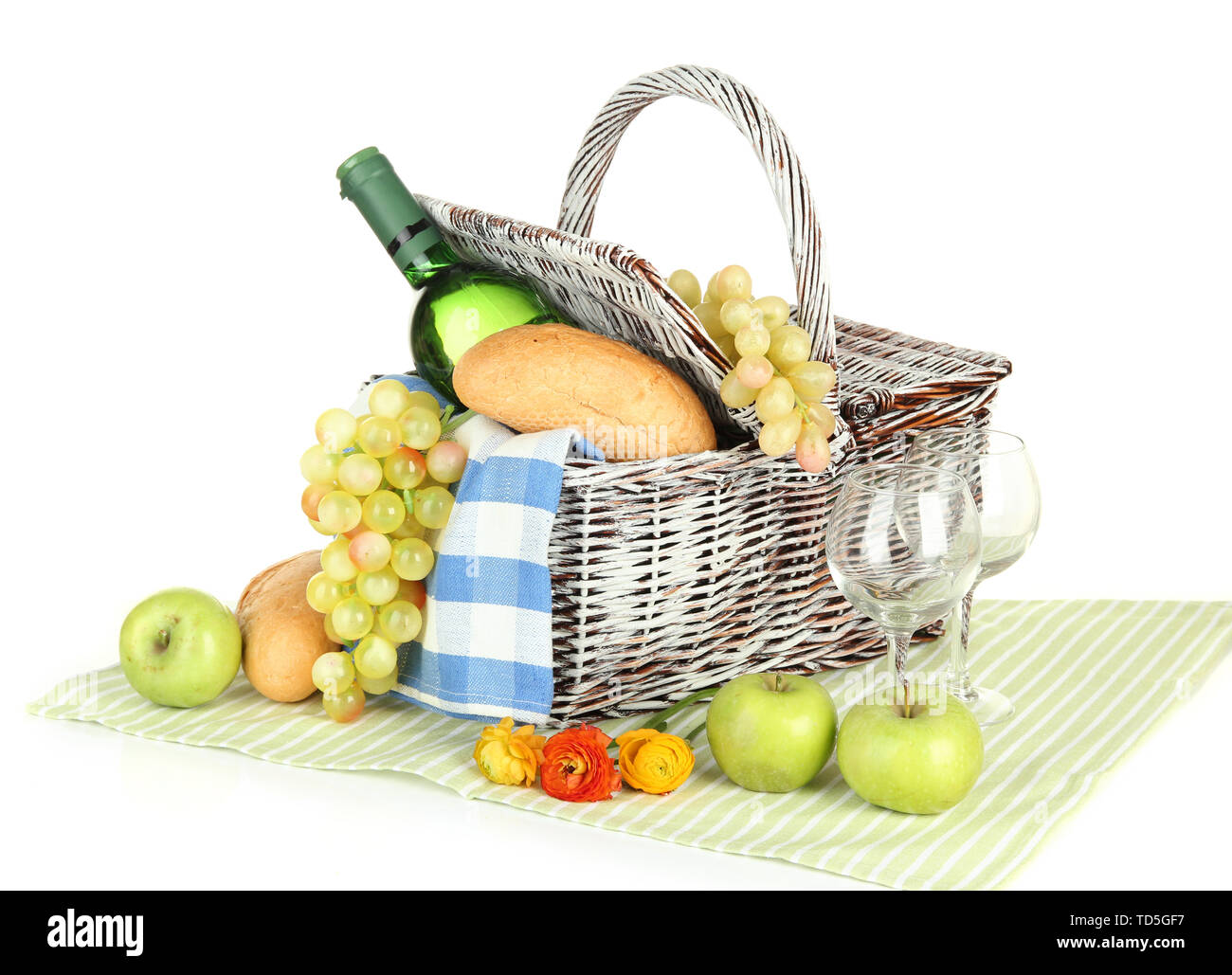 Picnic basket with fruits and bottle of wine, isolated on white Stock ...