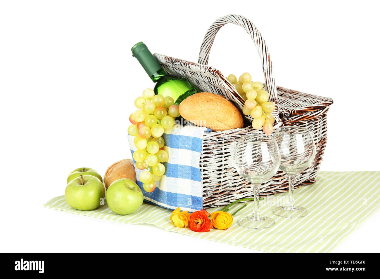 Picnic basket with fruits and bottle of wine, isolated on white Stock ...