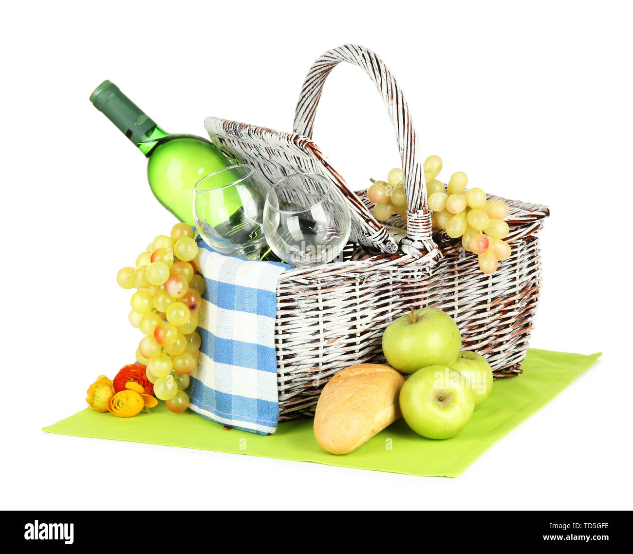 Picnic basket with fruits and bottle of wine, isolated on white Stock ...