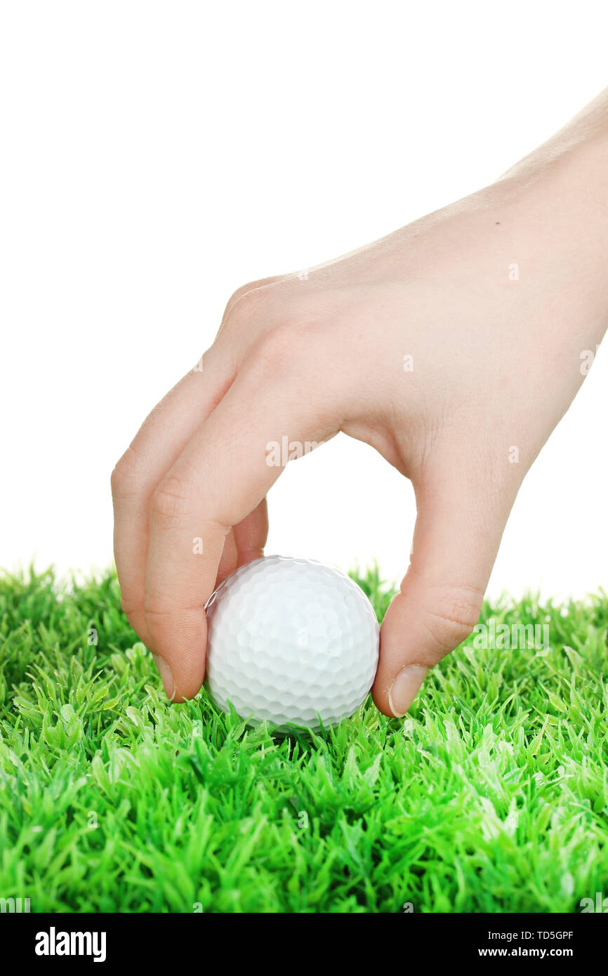 Golf ball in hand isolated on white Stock Photo Alamy