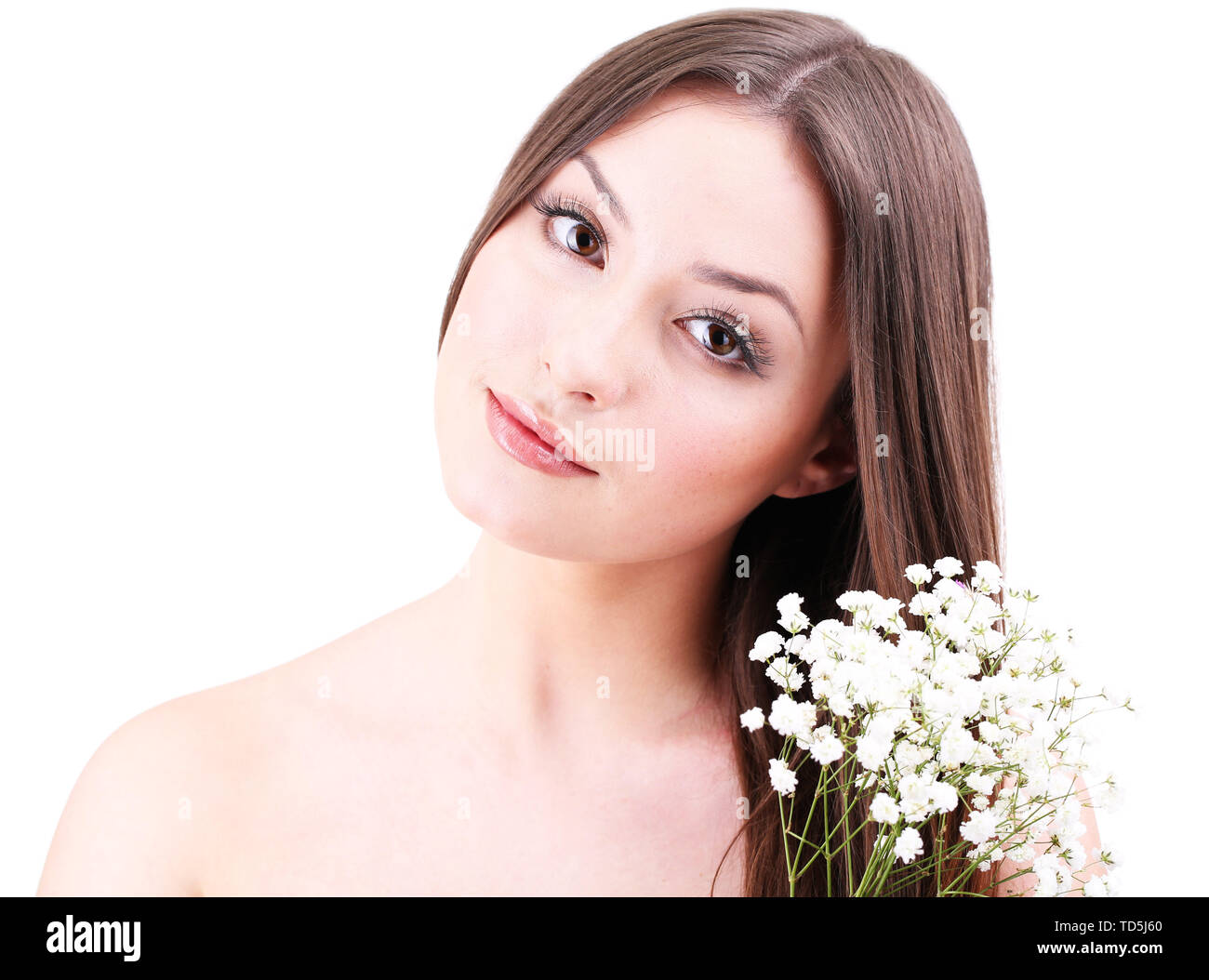 Beautiful young woman with flowers isolated on white Stock Photo - Alamy