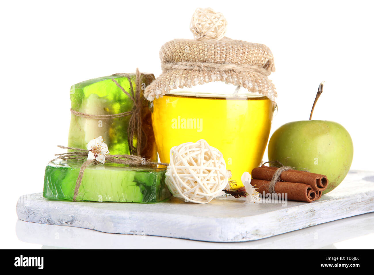 Hand made soap and ingredients for soap making, isolated on white Stock