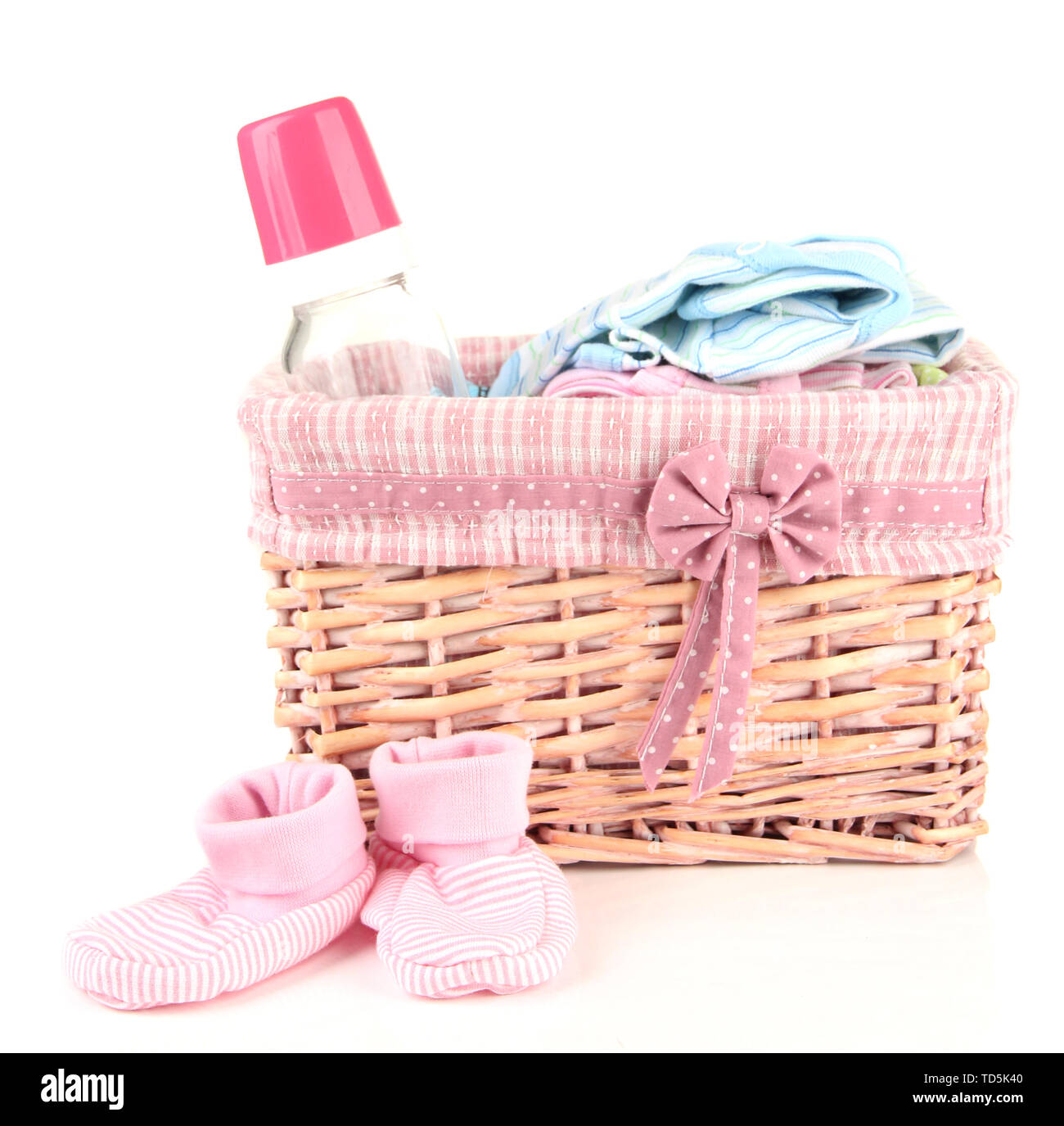 Beautiful basket of baby clothes isolated on white Stock Photo Alamy