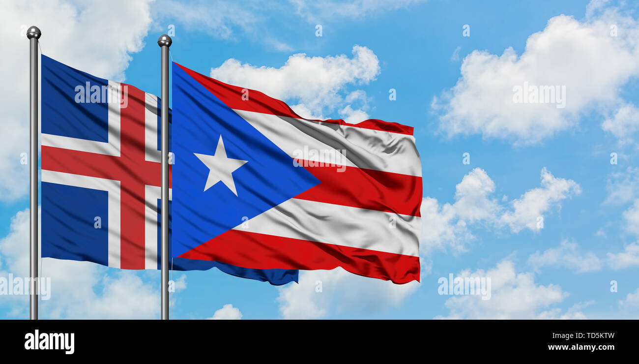 Iceland and Puerto Rico flag waving in the wind against white cloudy