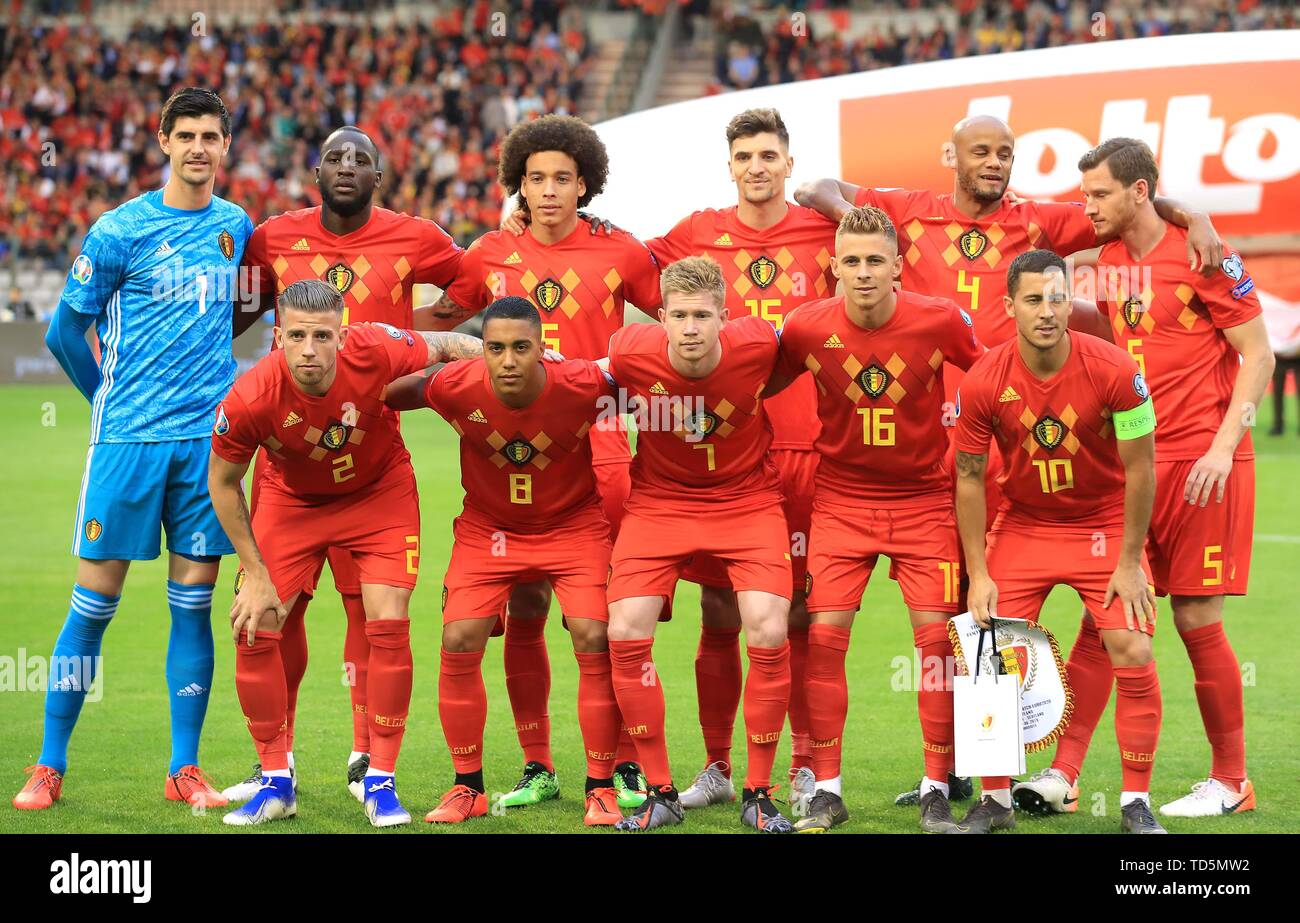 Belgium's (left to right, back to front) goalkeeper Thibaut Courtois, Romelu Lukaku, Axel Witsel, Thomas Meunier, Vincent Kompany, Jan Vertonghen, Toby Alderweireld, Youri Tielemans, Kevin De Bruyne, Thorgan Hazard, and Eden Hazard prior to kick-off during the UEFA Euro 2020 Qualifying, Group I match at the King Baudouin Stadium, Brussels. PRESS ASSOCIATION Photo. Picture date: Tuesday June 11, 2019. See PA story soccer Belgium. Photo credit should read: Bradley Collyer/PA Wire. Stock Photo