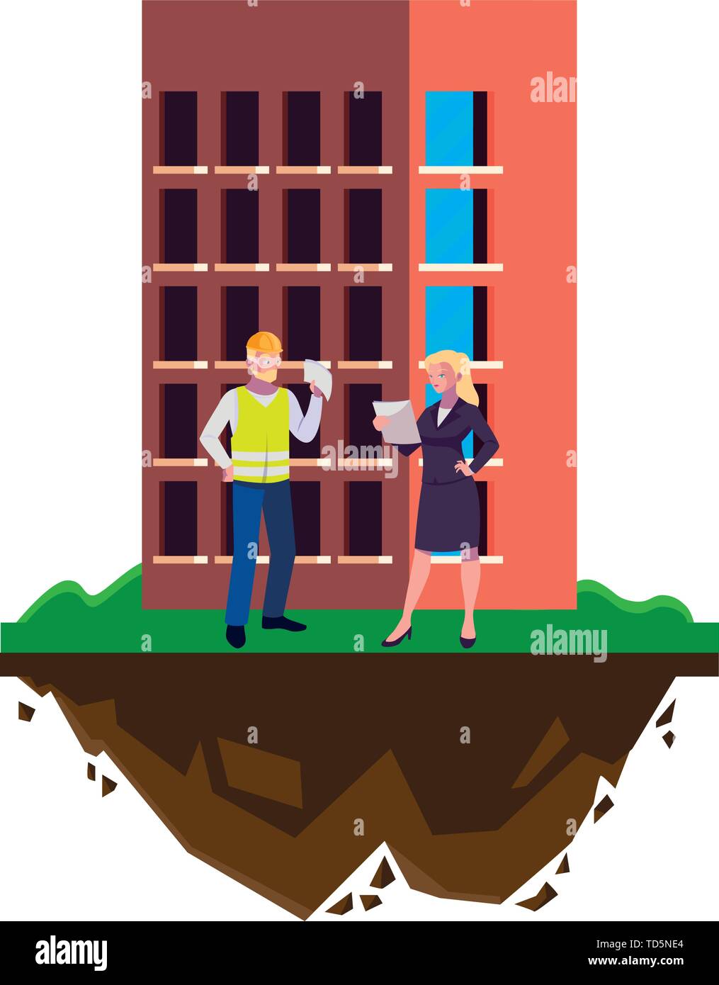 male builder constructor with woman engineer and building vector ...
