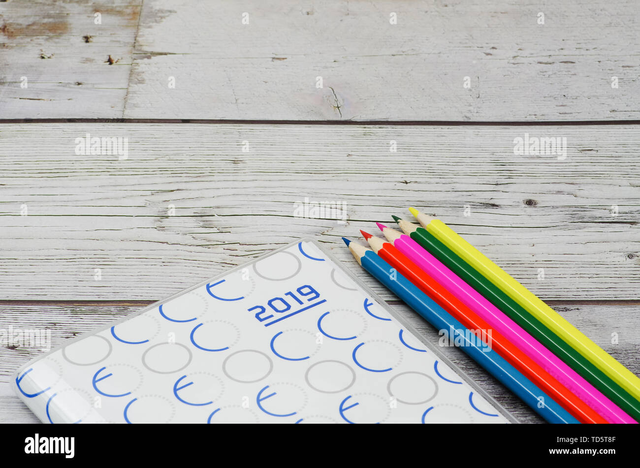 Colored pencil in wood grain background and 2019 efficiency manual