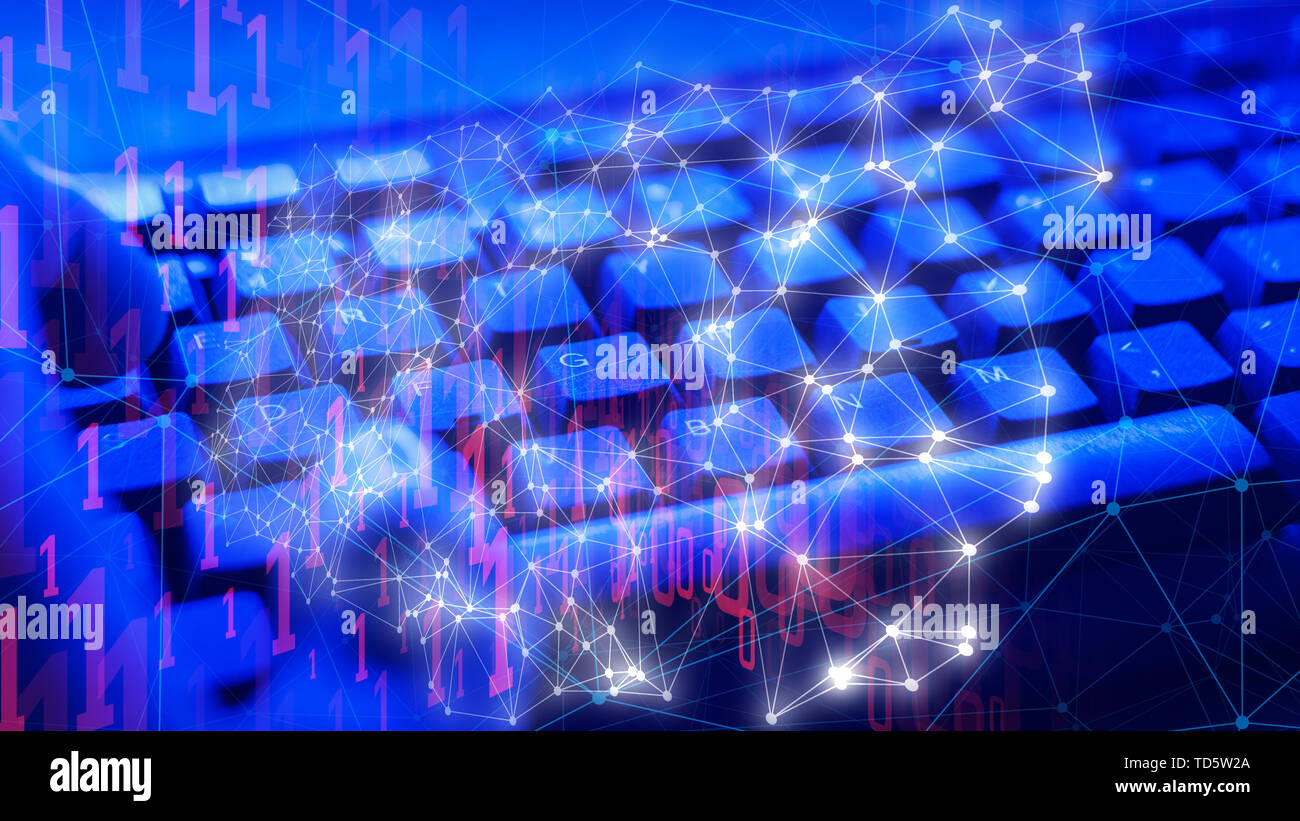 Cyber attack binary code numbers and abstract shapes connected Stock Photo