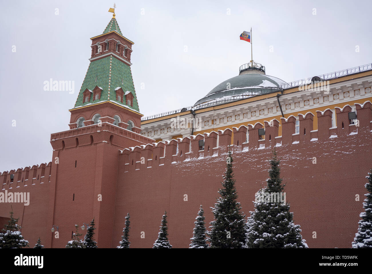 Moscow, Russia, 15th, February, 2019: red square historical buildings, view of Kremlin and Lenin Mausoleum in winter. Stock Photo