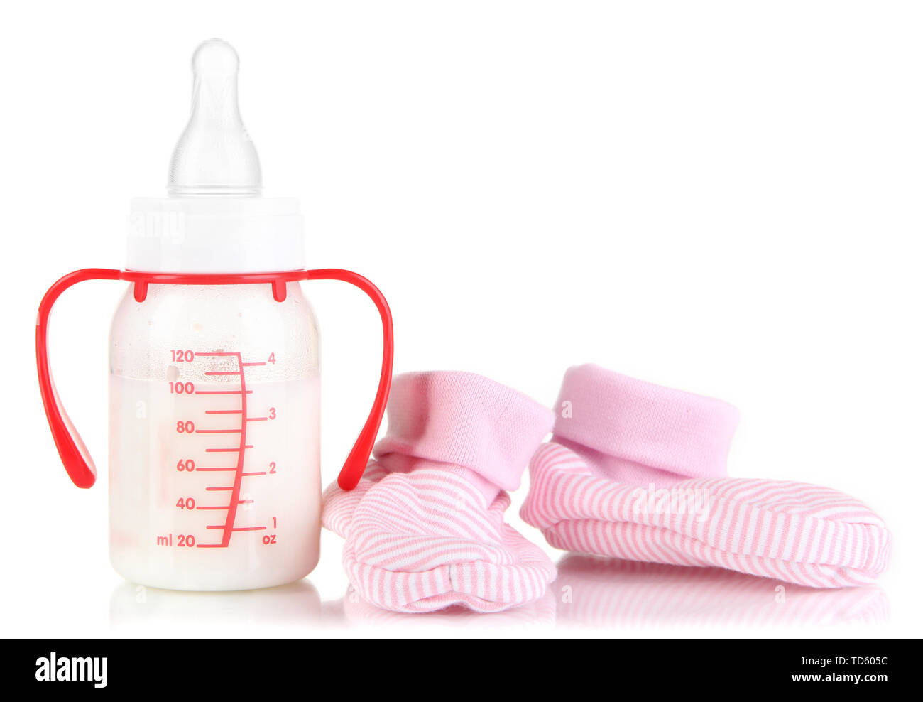 Bottle for milk formula with booties isolated on white Stock Photo